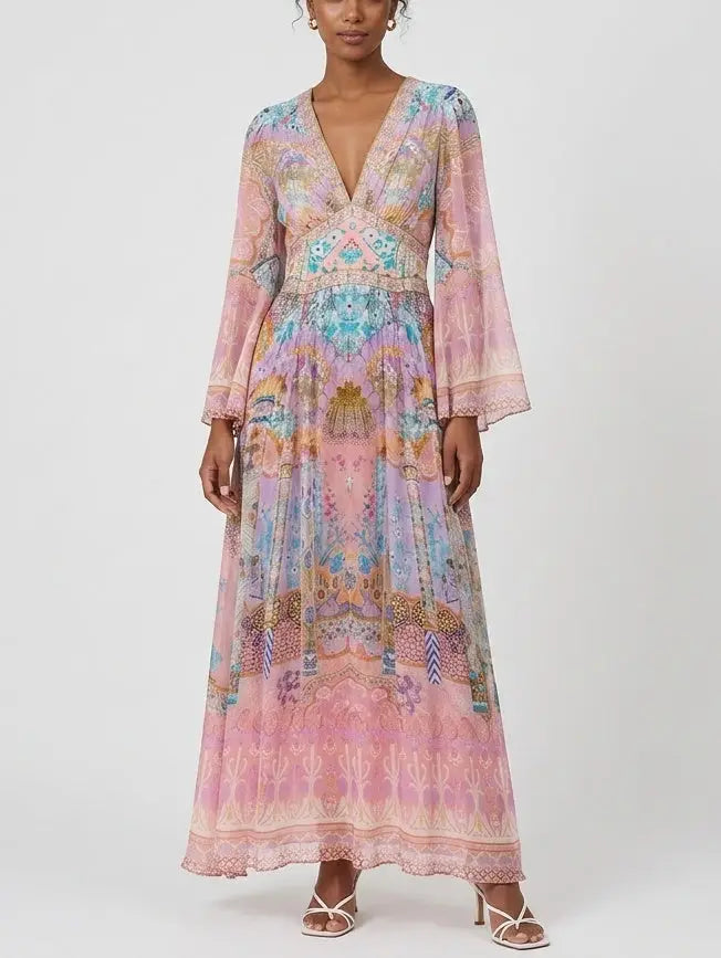 Pastel Mosaic Print Silk Maxi Dress with Flared Sleeves - Dresses