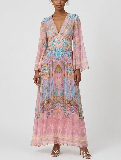 Pastel Mosaic Print Silk Maxi Dress with Flared Sleeves - Dresses