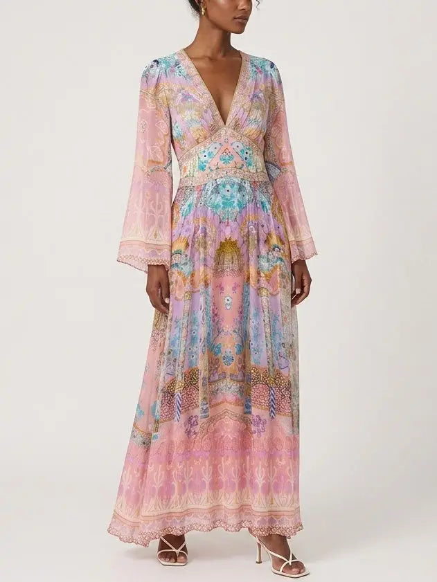 Pastel Mosaic Print Silk Maxi Dress with Flared Sleeves - Dresses