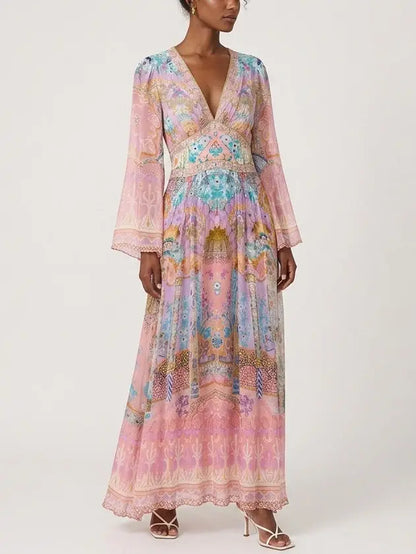 Pastel Mosaic Print Silk Maxi Dress with Flared Sleeves - Dresses