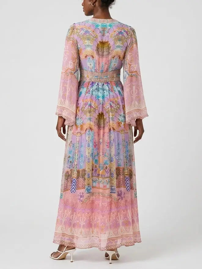 Pastel Mosaic Print Silk Maxi Dress with Flared Sleeves - Dresses