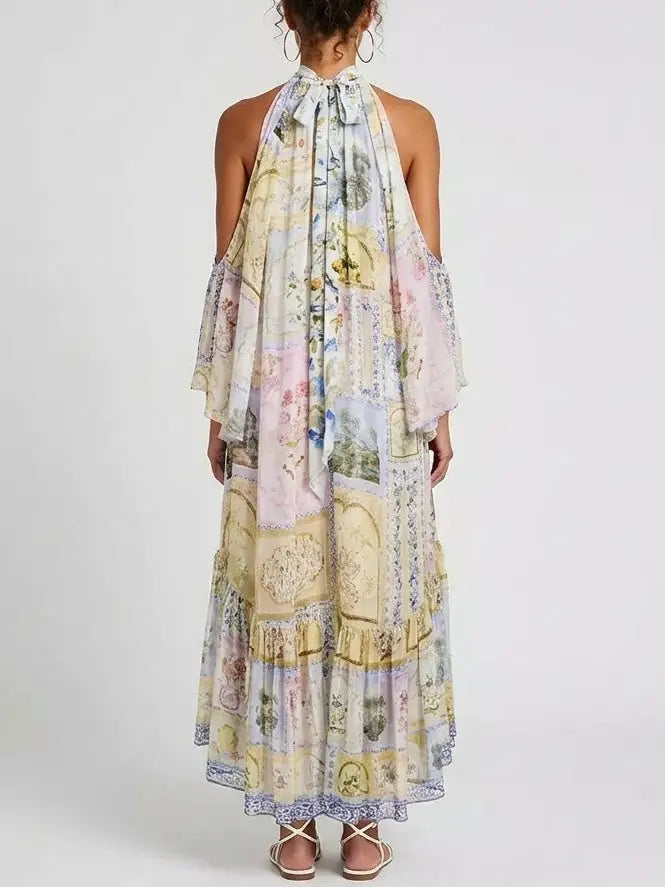 Pastel Scenic-Print Silk Halterneck Cold-Shoulder Maxi Dress - Dresses