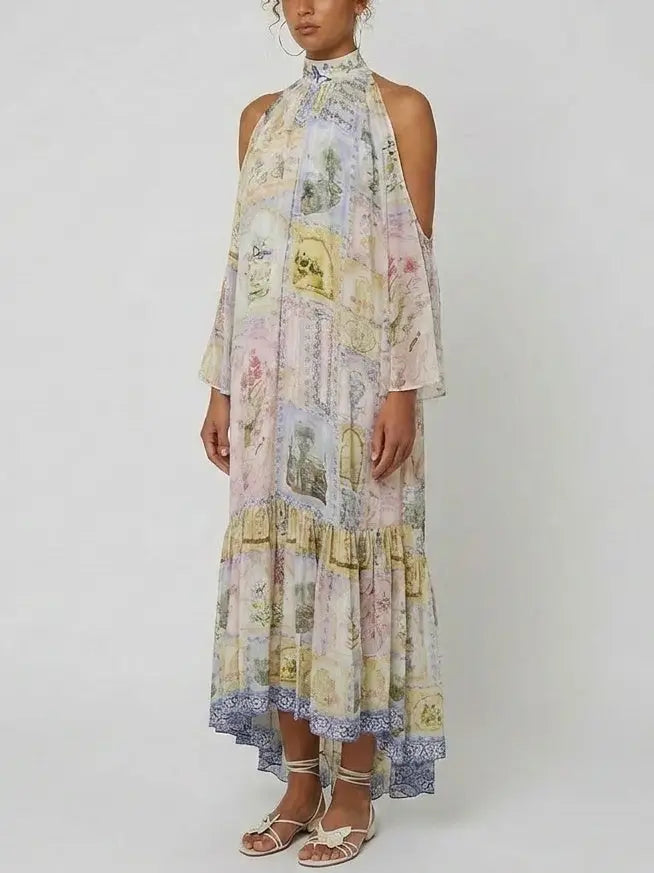 Pastel Scenic-Print Silk Halterneck Cold-Shoulder Maxi Dress - Dresses