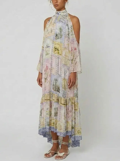 Pastel Scenic-Print Silk Halterneck Cold-Shoulder Maxi Dress - Dresses