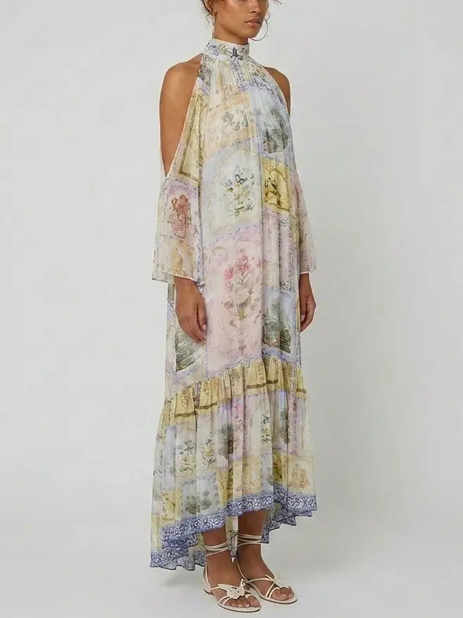 Pastel Scenic-Print Silk Halterneck Cold-Shoulder Maxi Dress - Dresses