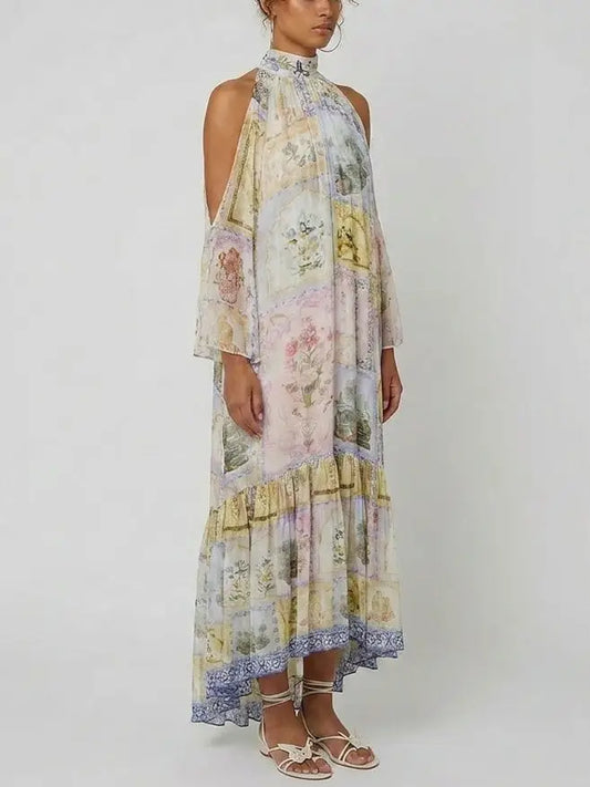 Pastel Scenic-Print Silk Halterneck Cold-Shoulder Maxi Dress - Dresses