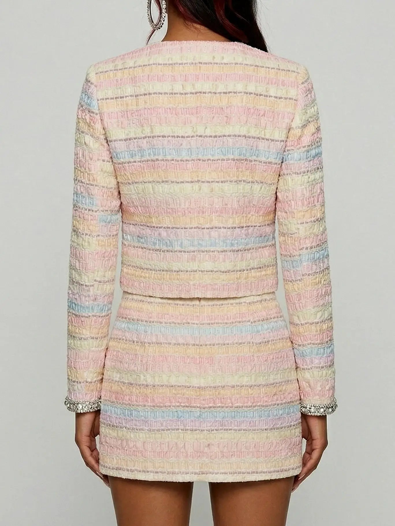 Pastel Tweed Cropped Jacket and Mini Skirt Set - Suits & Sets
