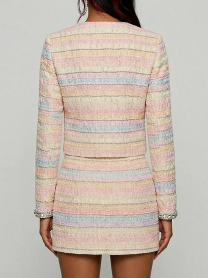 Pastel Tweed Cropped Jacket and Mini Skirt Set - Suits & Sets