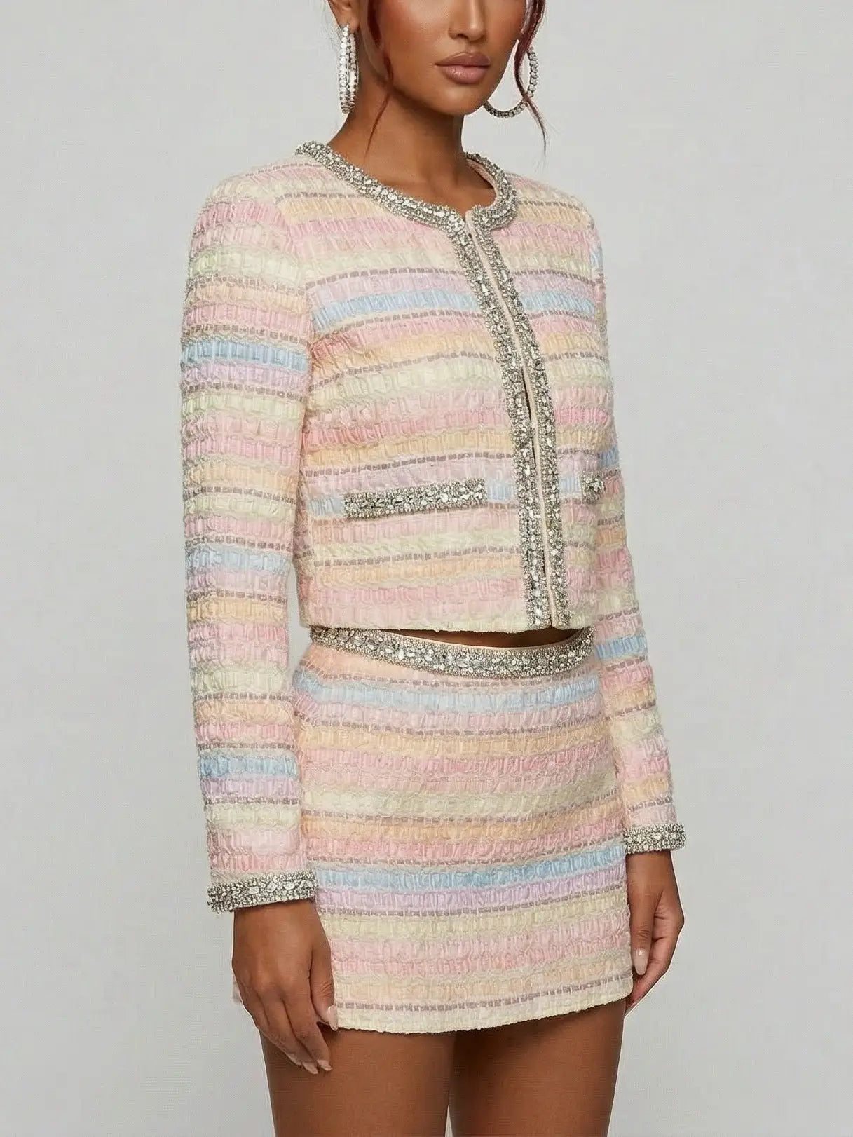 Pastel Tweed Cropped Jacket and Mini Skirt Set - Suits & Sets