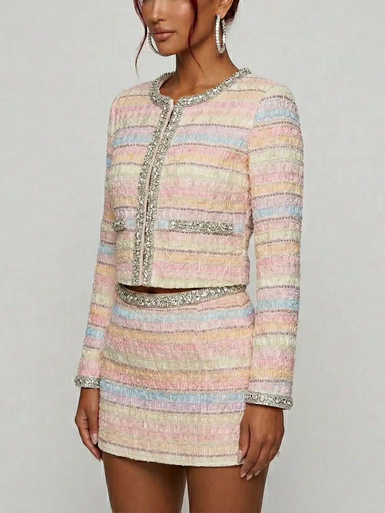 Pastel Tweed Cropped Jacket and Mini Skirt Set - Suits & Sets