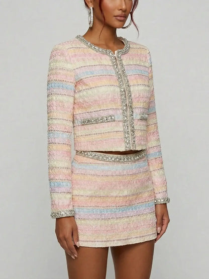 Pastel Tweed Cropped Jacket and Mini Skirt Set - Suits & Sets