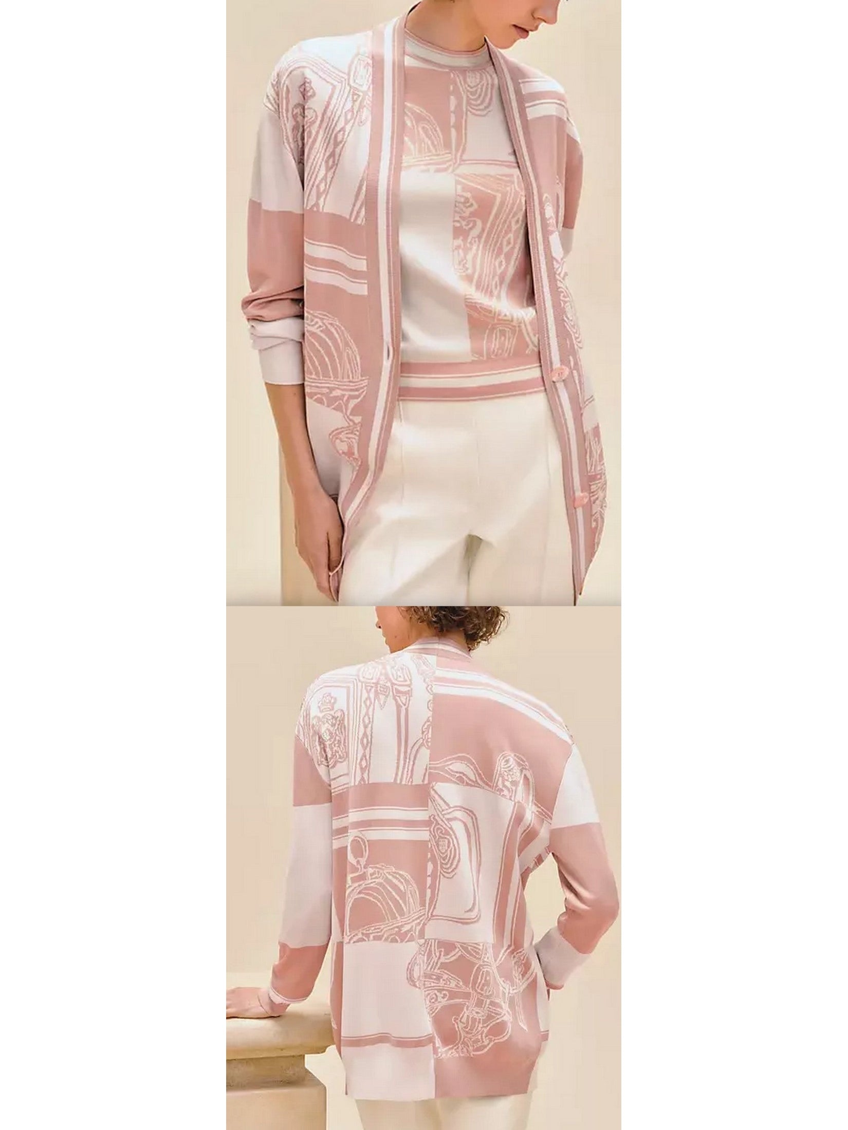 Patchwork Long-Sleeve Golf Cardigan in Dusty Rose - Branna Couture