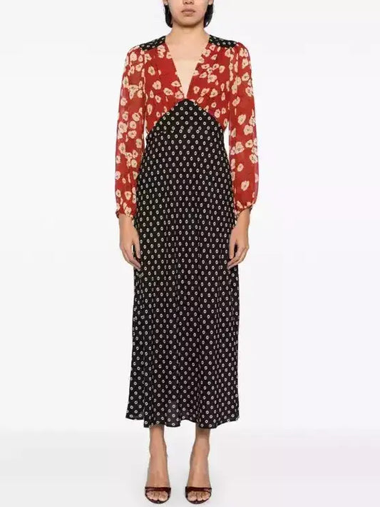 Patchwork Floral Print Long-Sleeve Dress - Small - Dresses