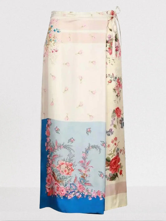 Patchwork Print Silk Wrap Midi Skirt - S - Skirts
