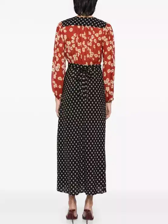 Patchwork Floral Print Long-Sleeve Dress - Dresses