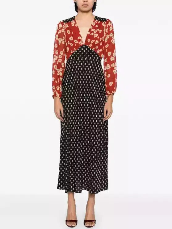 Patchwork Floral Print Long-Sleeve Dress - Dresses