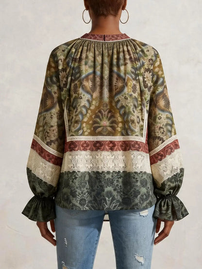 Patchwork Paisley Lace Peasant Blouse - Tops
