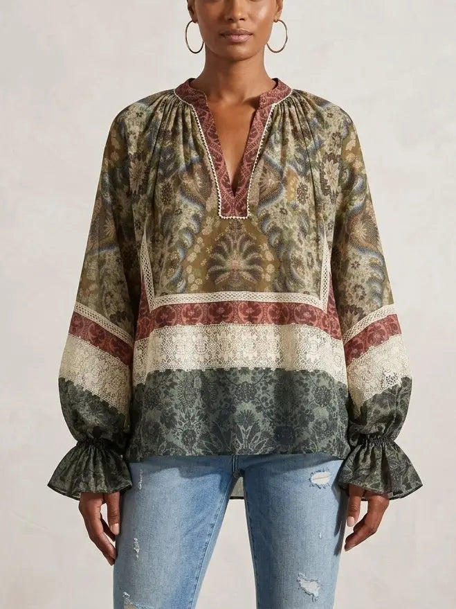 Patchwork Paisley Lace Peasant Blouse - Tops