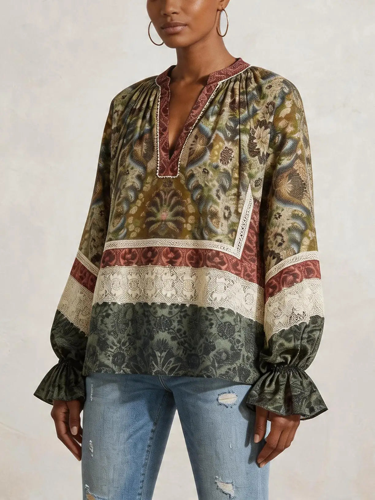 Patchwork Paisley Lace Peasant Blouse - Tops