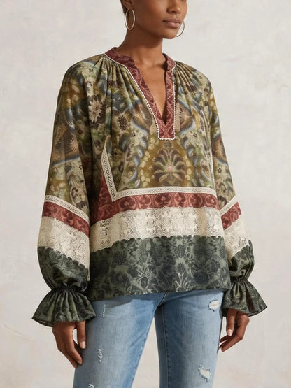 Patchwork Paisley Lace Peasant Blouse - Tops