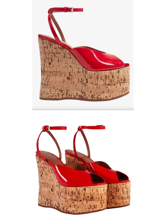 Patent Leather Peep-Toe Wedge Sandals in Red - Branna Couture