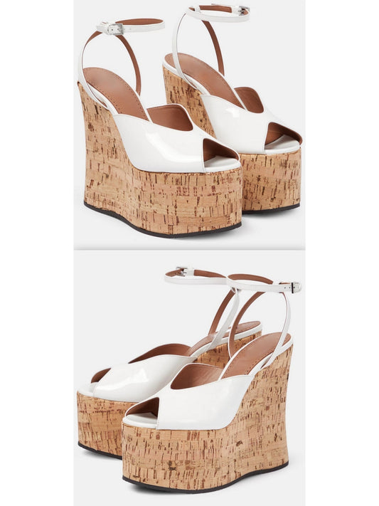 Patent Leather Peep-Toe Wedge Sandals in White - Branna Couture