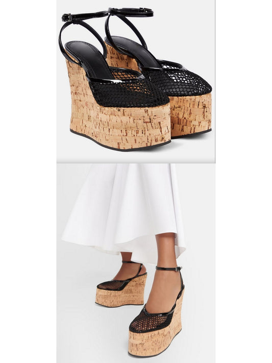 Patent Leather and Mesh Wedge Sandals in Black - Branna Couture