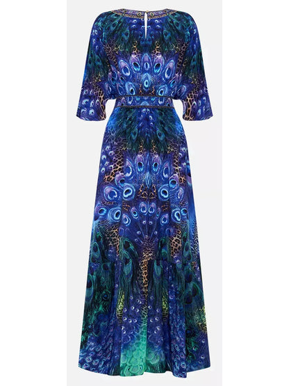 Peacock Rock Waisted Dress with Hem Ruffle - Branna Couture