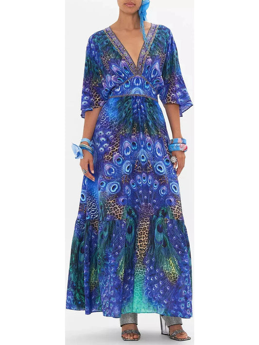 Peacock Rock Waisted Dress with Hem Ruffle - Branna Couture