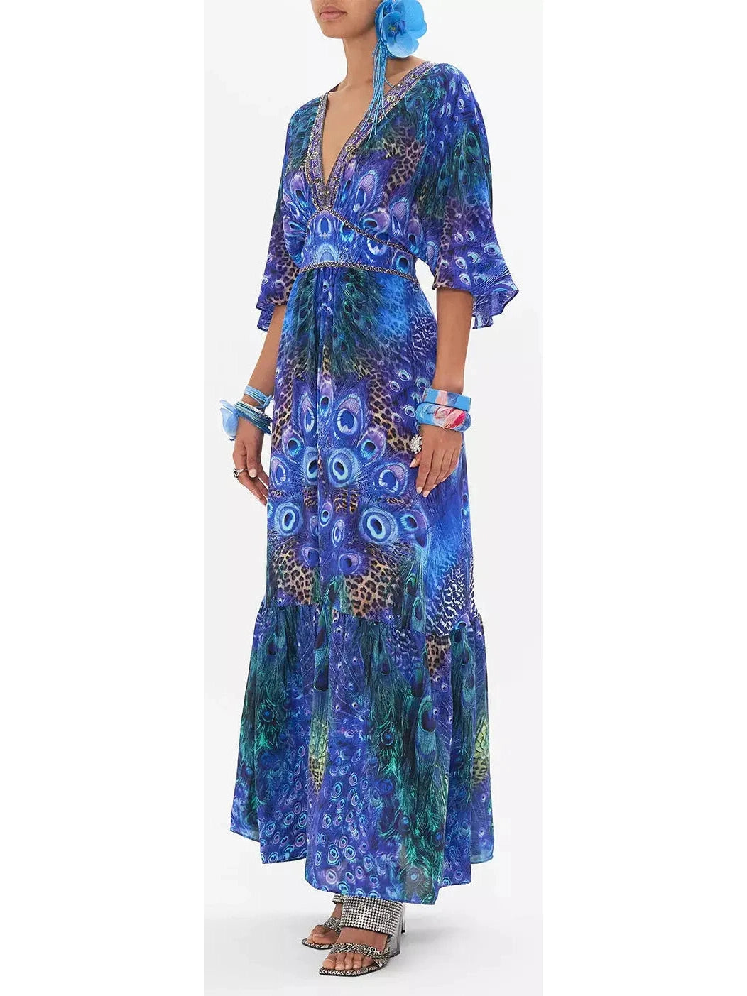 Peacock Rock Waisted Dress with Hem Ruffle - Branna Couture