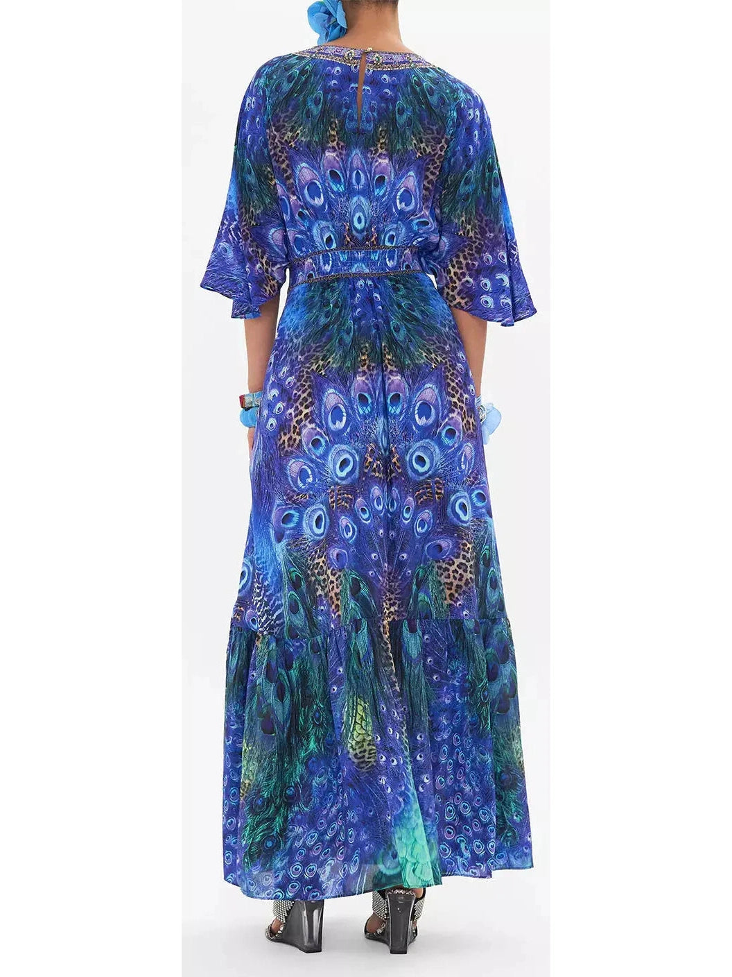 Peacock Rock Waisted Dress with Hem Ruffle - Branna Couture