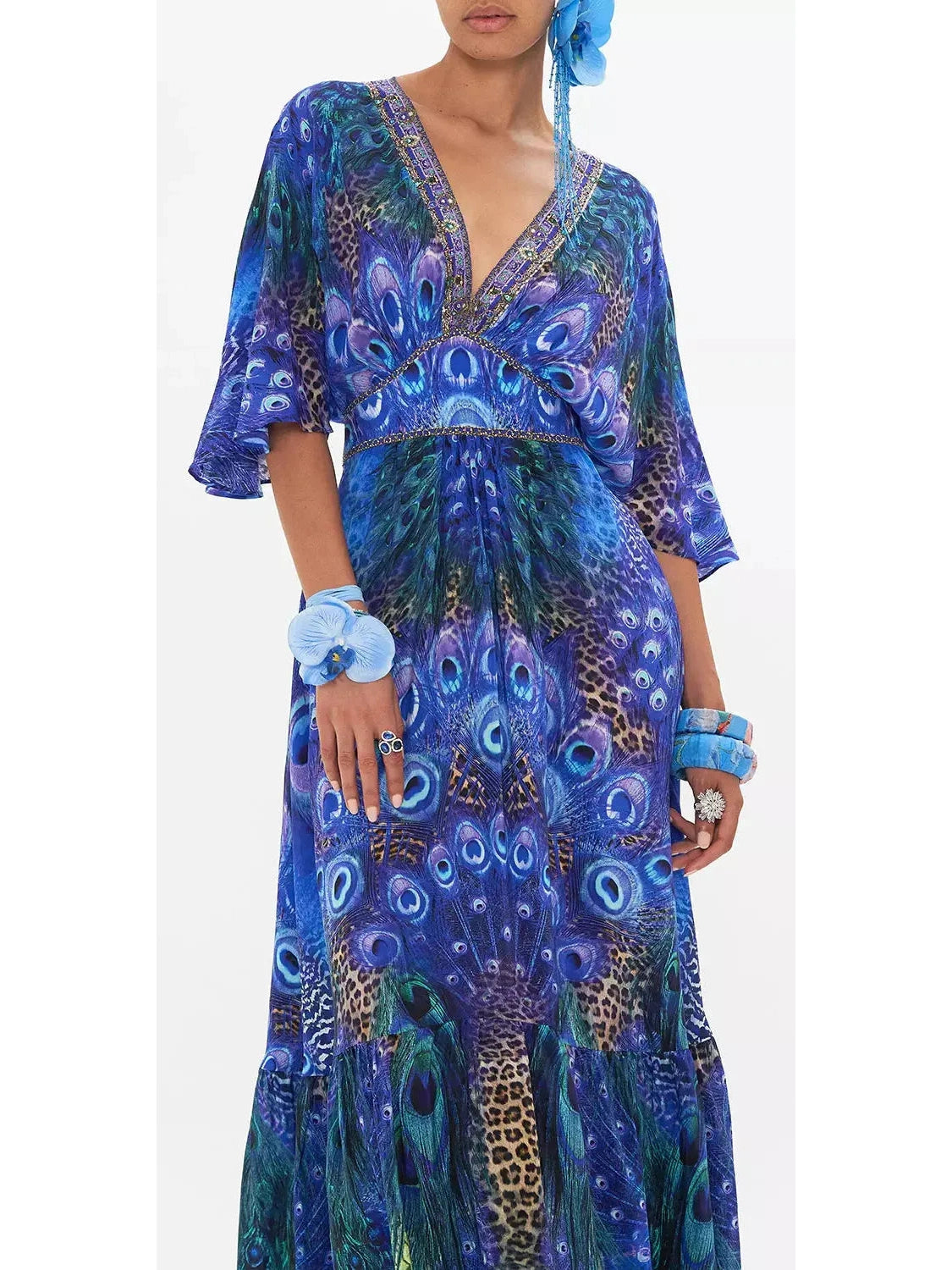 Peacock Rock Waisted Dress with Hem Ruffle - Branna Couture