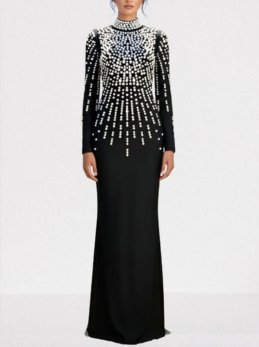 Pearl-Embellished Backless Long-Sleeve Maxi Gown - S / Black - Dresses