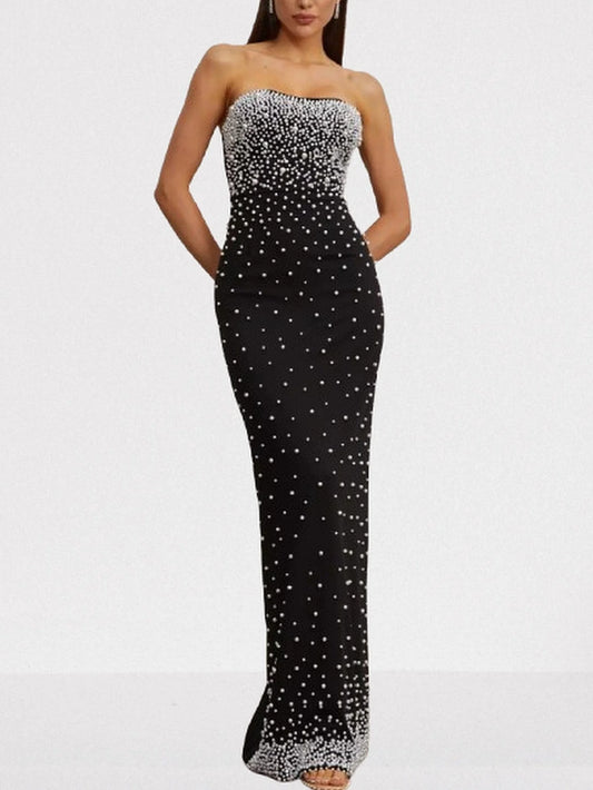 Pearl-Embellished Black Strapless Maxi Dress - XS - Dresses