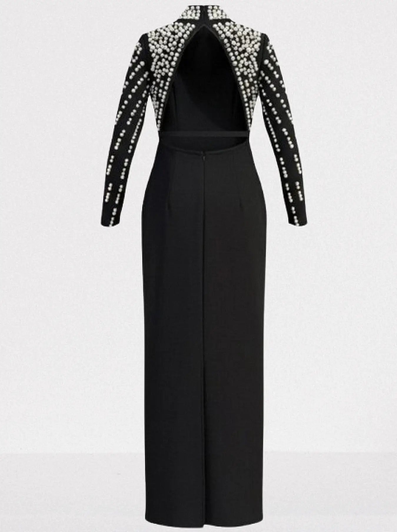 Pearl-Embellished Backless Long-Sleeve Maxi Gown - Dresses