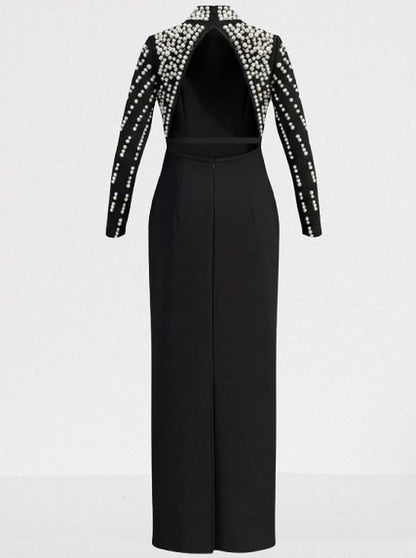 Pearl-Embellished Backless Long-Sleeve Maxi Gown - Dresses