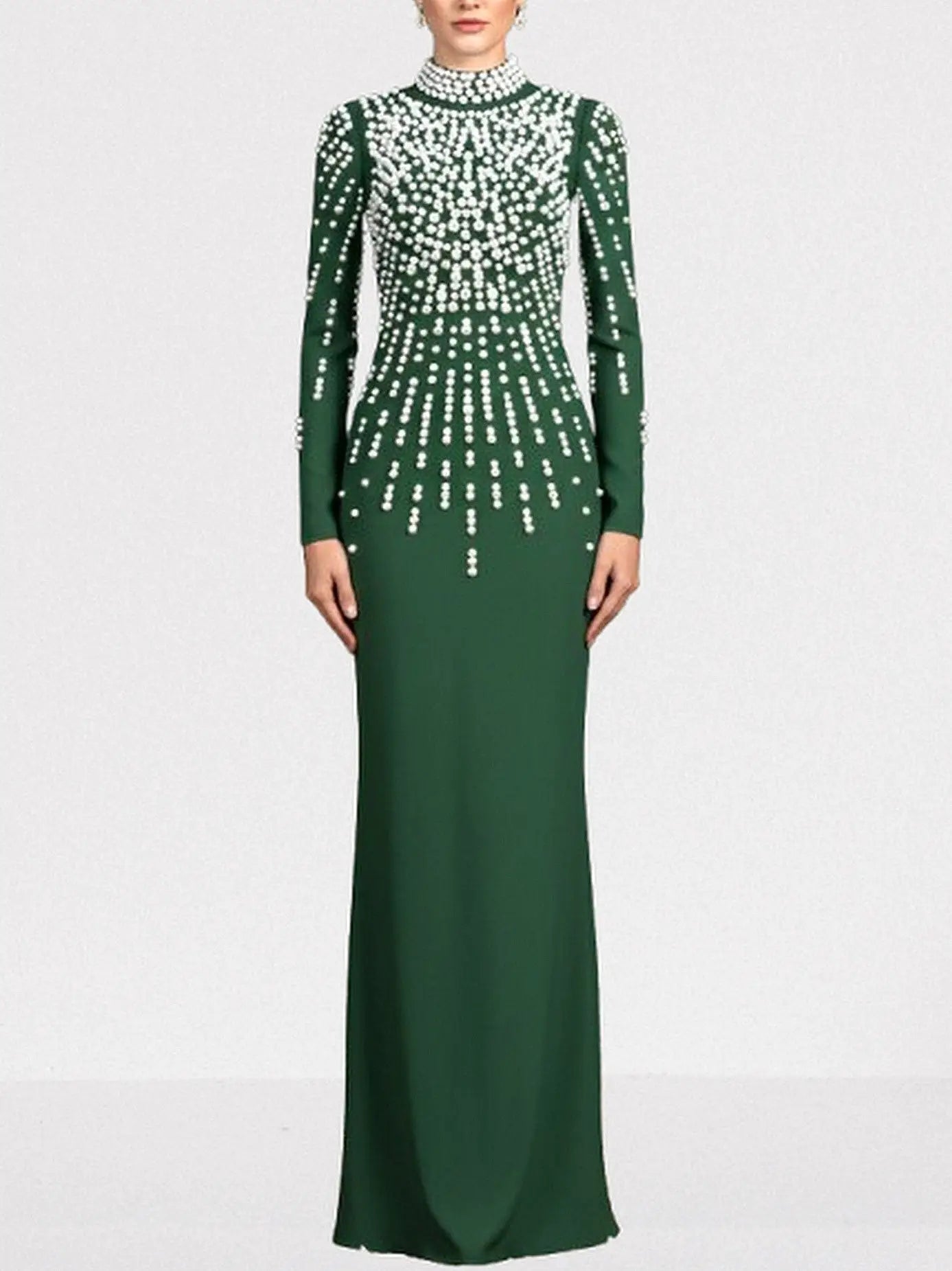 Pearl-Embellished Backless Long-Sleeve Maxi Gown - S / Green - Dresses