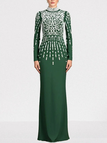 Pearl-Embellished Backless Long-Sleeve Maxi Gown - S / Green - Dresses