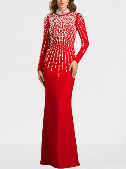 Pearl-Embellished Backless Long-Sleeve Maxi Gown - S / Red - Dresses