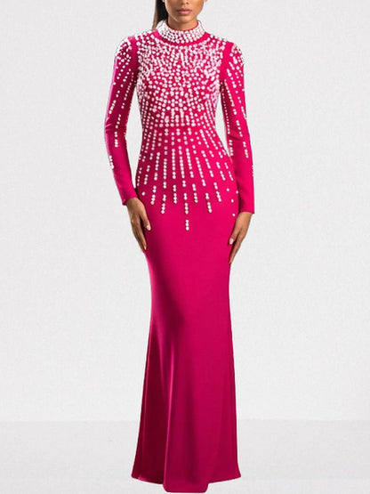 Pearl-Embellished Backless Long-Sleeve Maxi Gown - S / Fuchsia Pink - Dresses