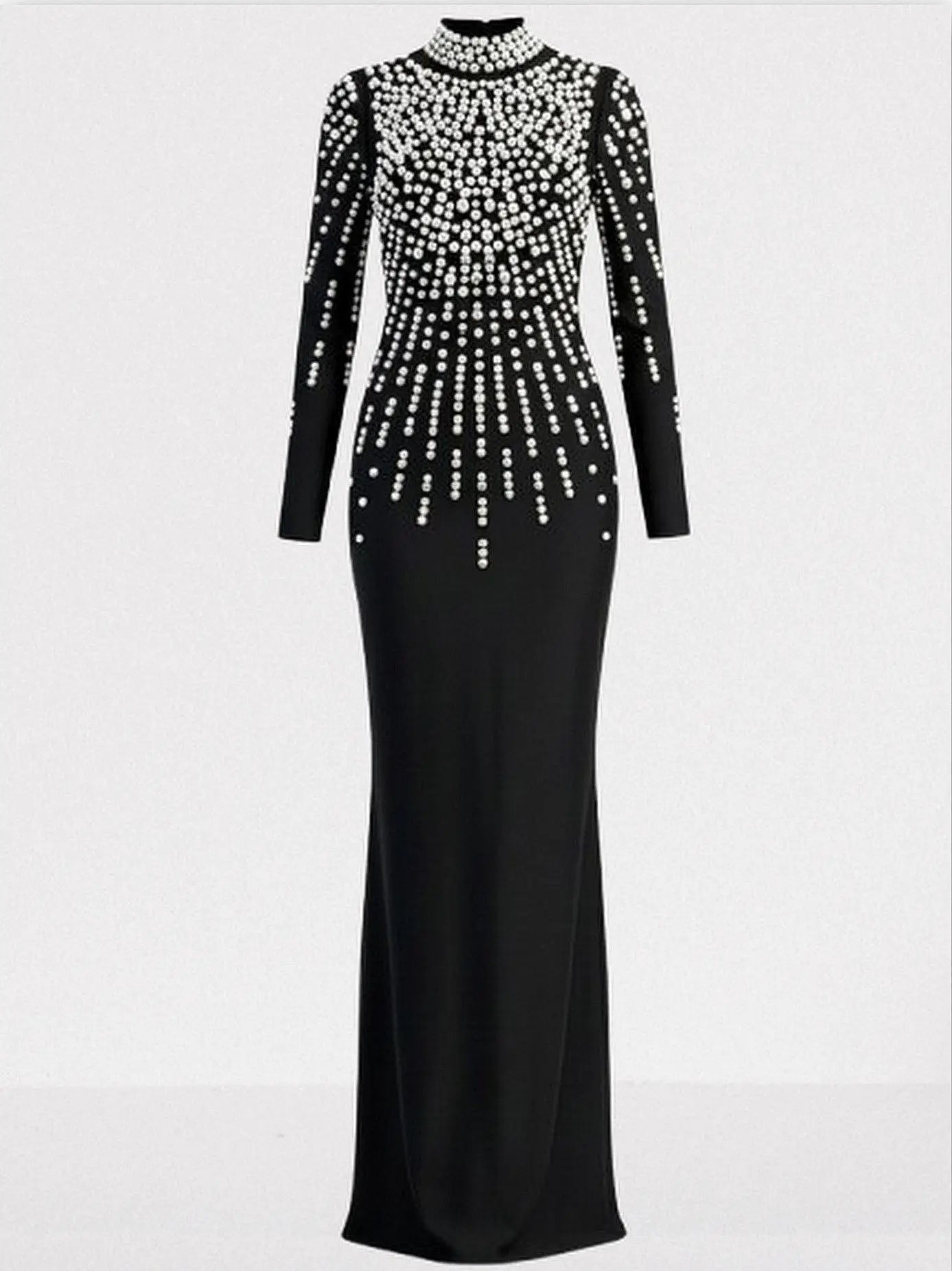 Pearl-Embellished Backless Long-Sleeve Maxi Gown - Dresses