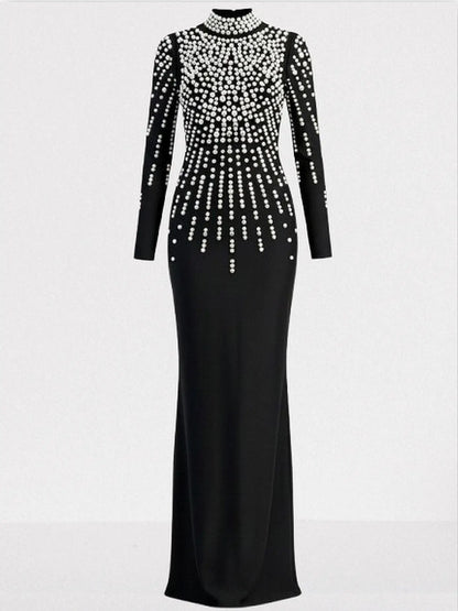 Pearl-Embellished Backless Long-Sleeve Maxi Gown - Dresses