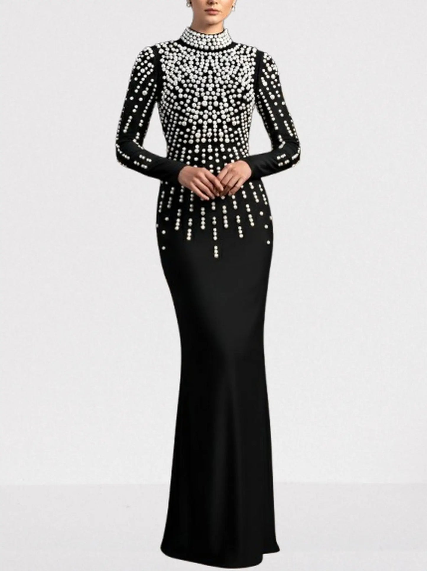 Pearl-Embellished Backless Long-Sleeve Maxi Gown - Dresses