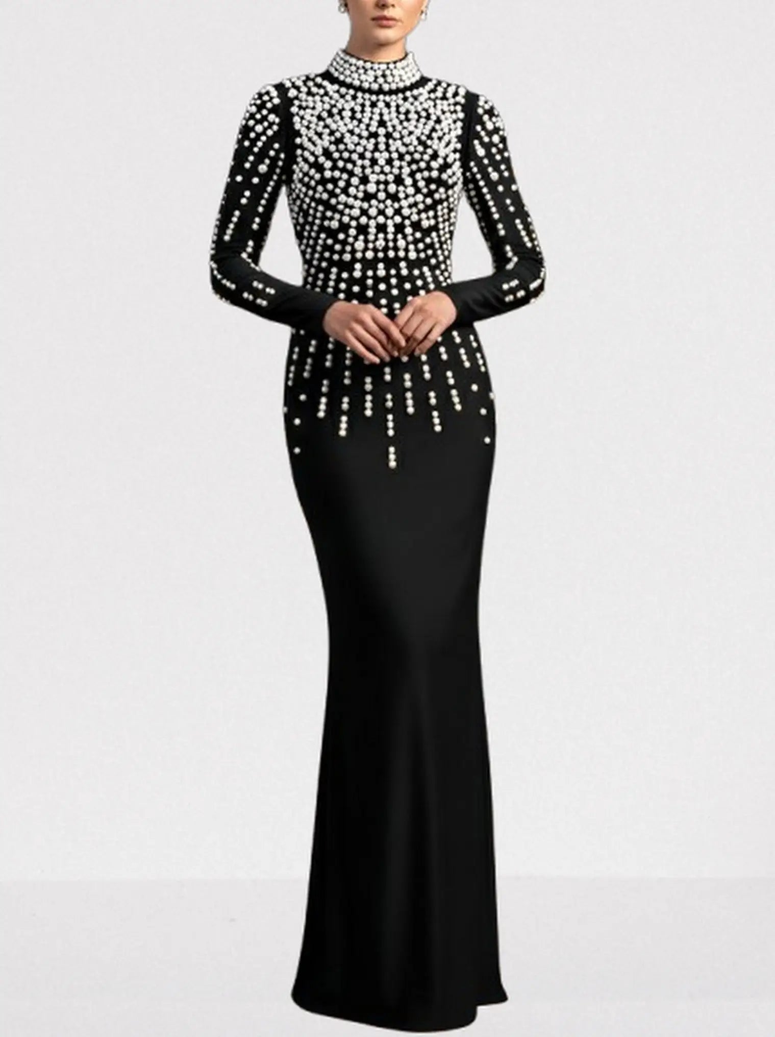 Pearl-Embellished Backless Long-Sleeve Maxi Gown - Dresses