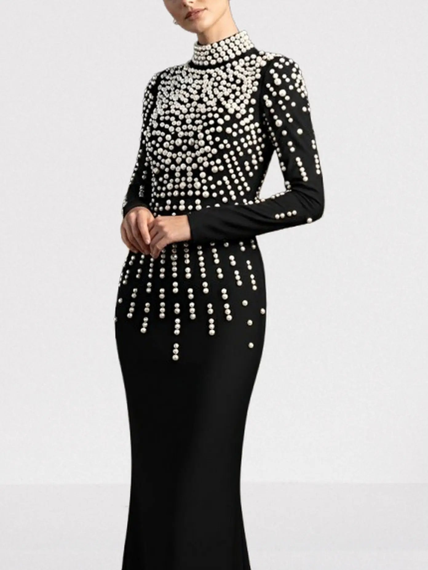 Pearl-Embellished Backless Long-Sleeve Maxi Gown - Dresses