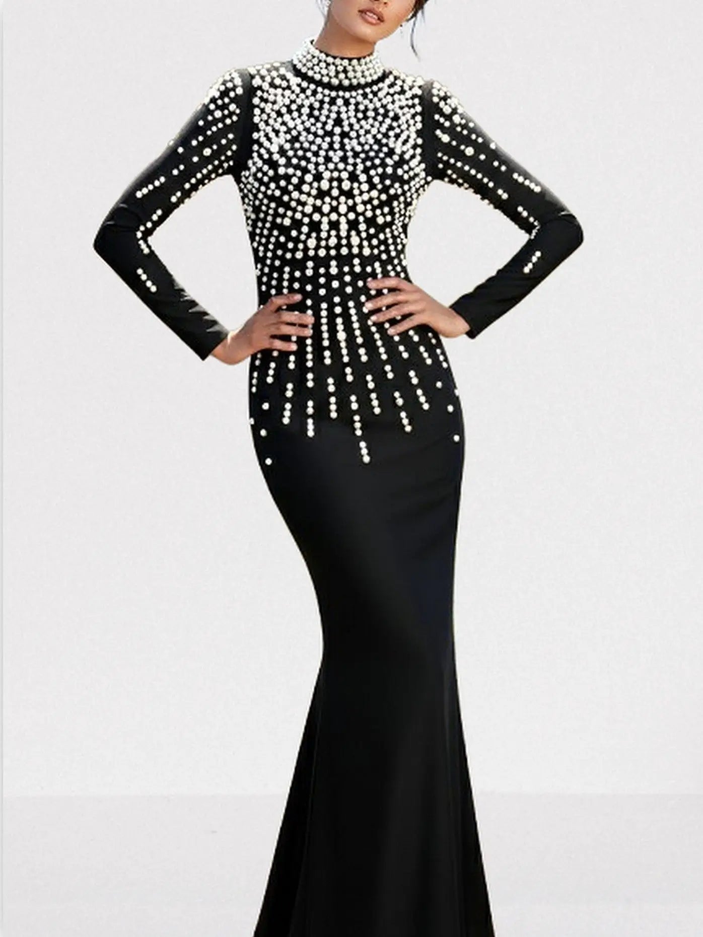 Pearl-Embellished Backless Long-Sleeve Maxi Gown - Dresses