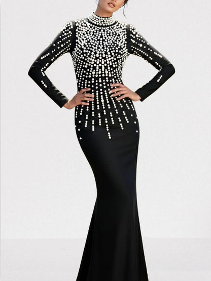 Pearl-Embellished Backless Long-Sleeve Maxi Gown - Dresses