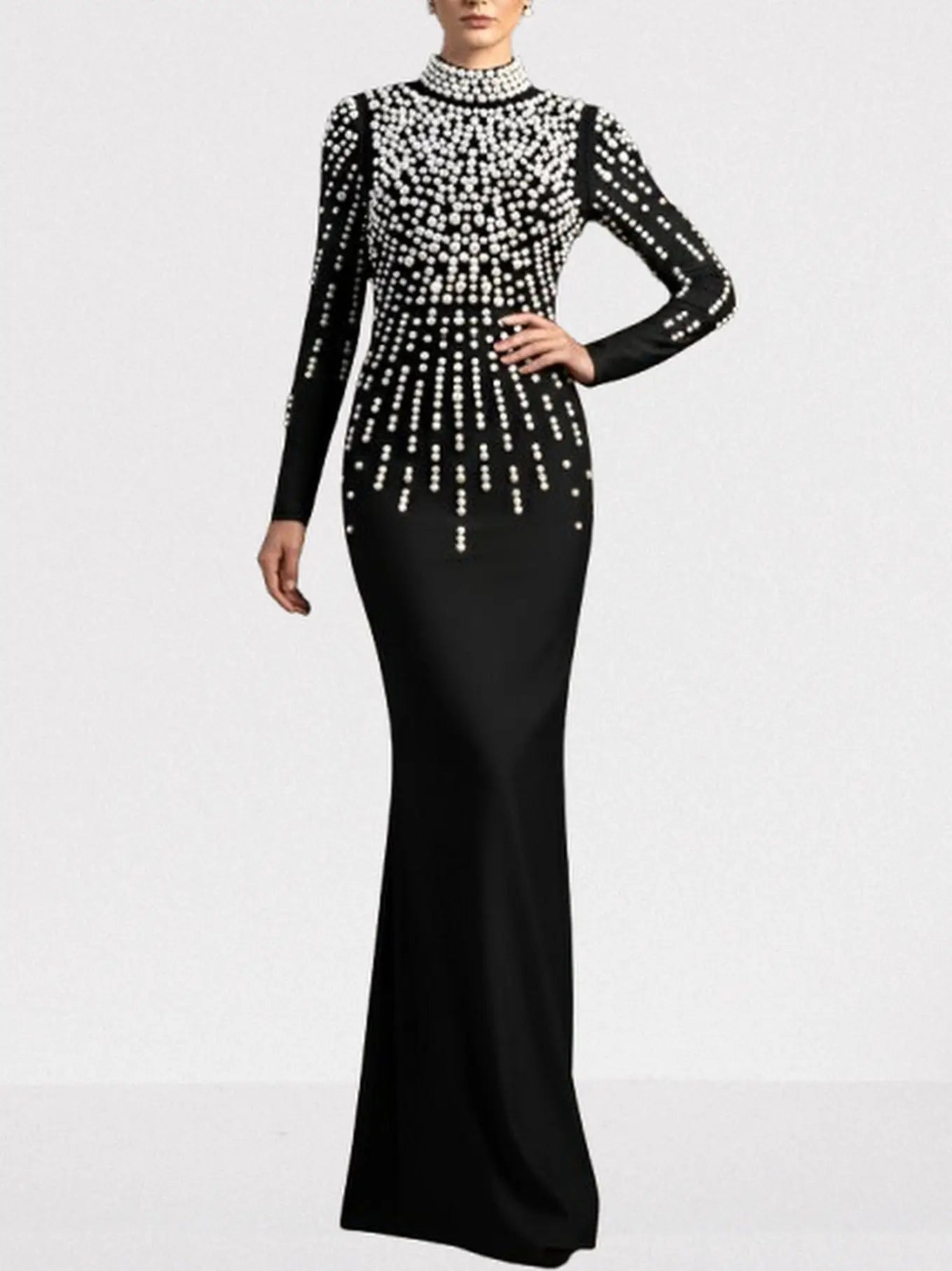 Pearl-Embellished Backless Long-Sleeve Maxi Gown - Dresses