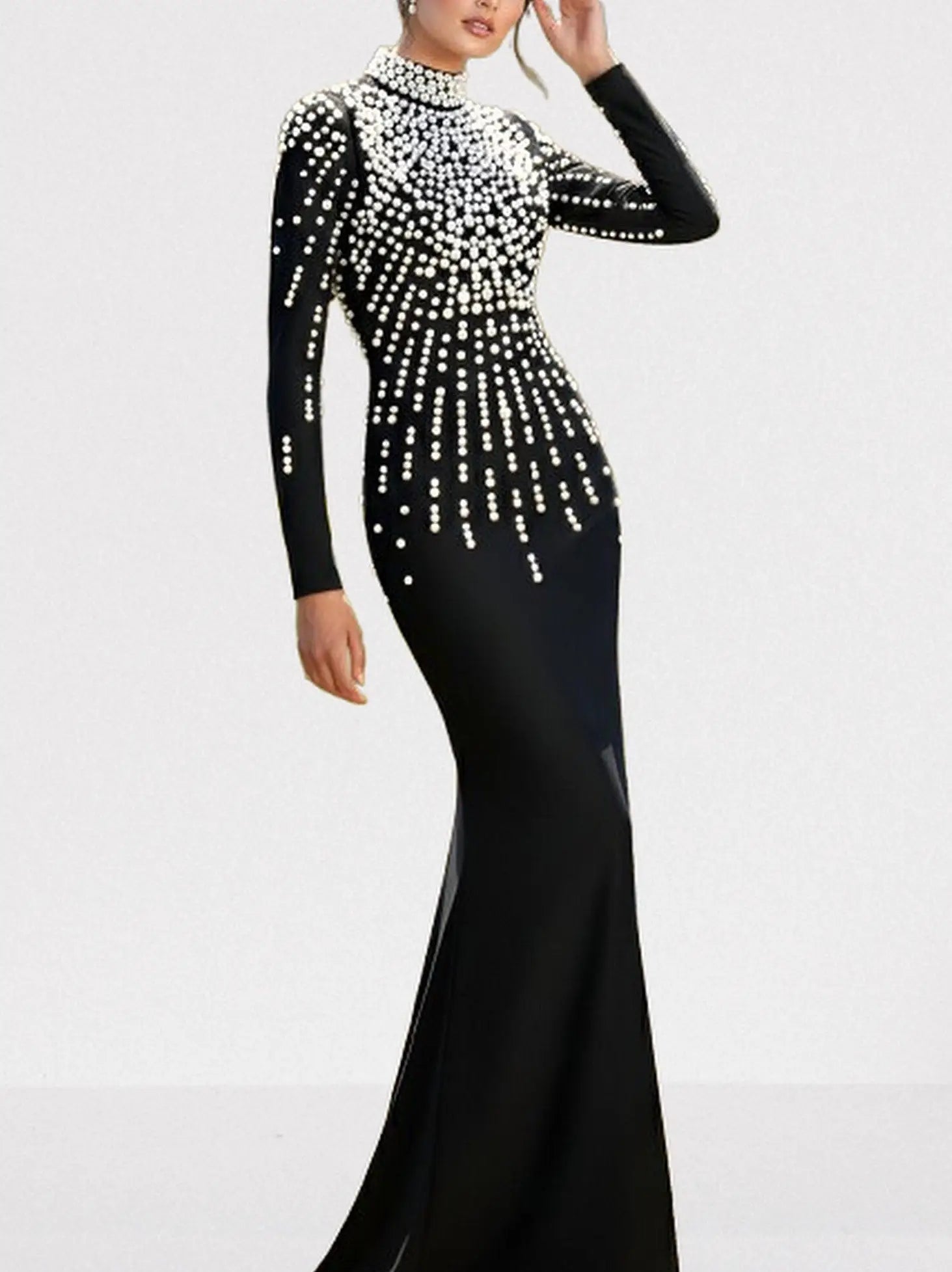 Pearl-Embellished Backless Long-Sleeve Maxi Gown - Dresses