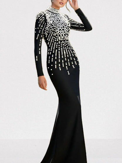 Pearl-Embellished Backless Long-Sleeve Maxi Gown - Dresses